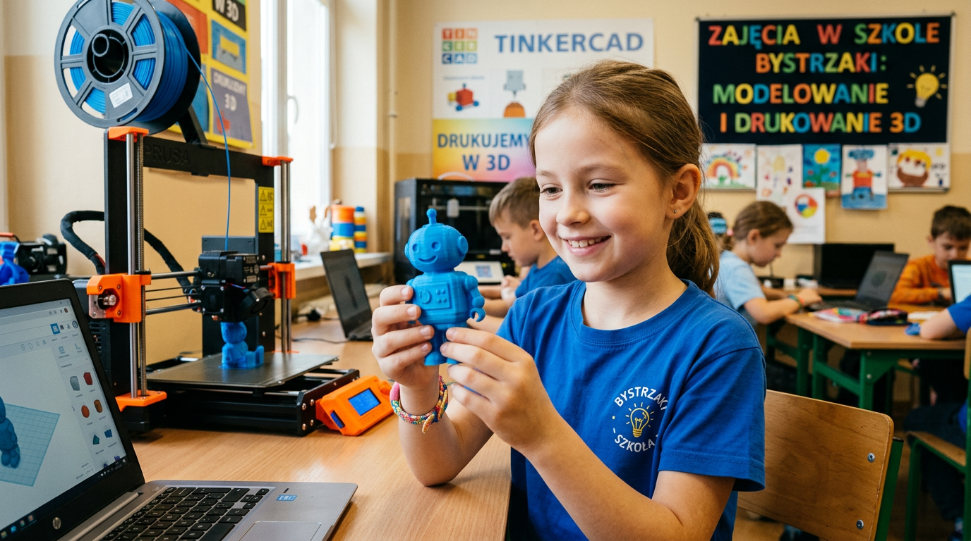 Dziewczynka trzyma wydrukowanego robota 3D