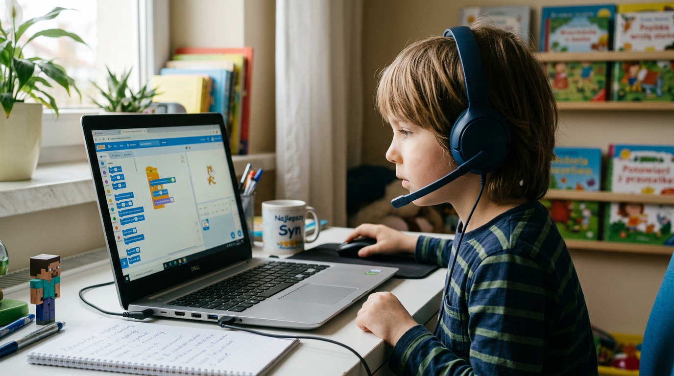 Chłopiec programuje w Scratch
