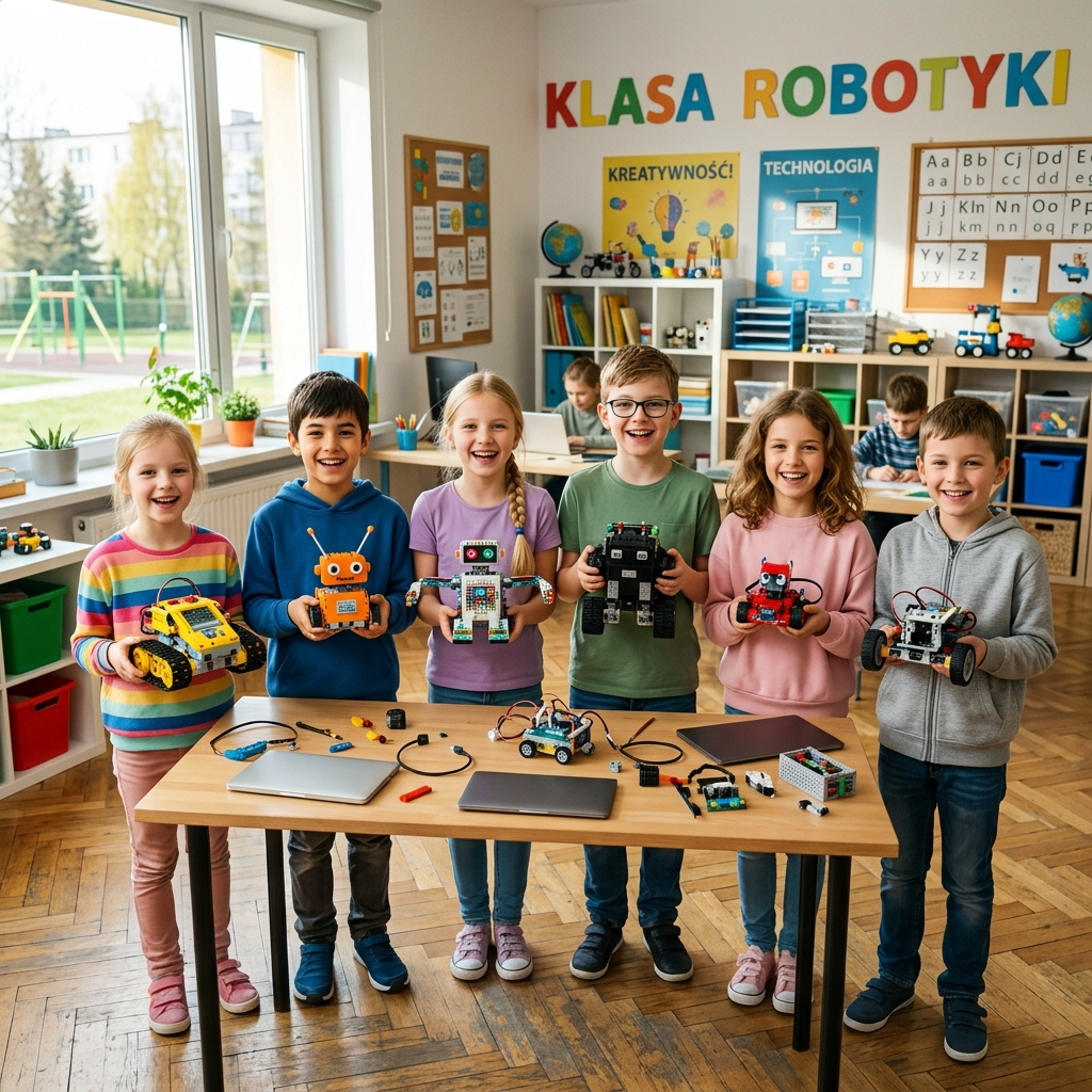 Grupa dzieci z robotami
